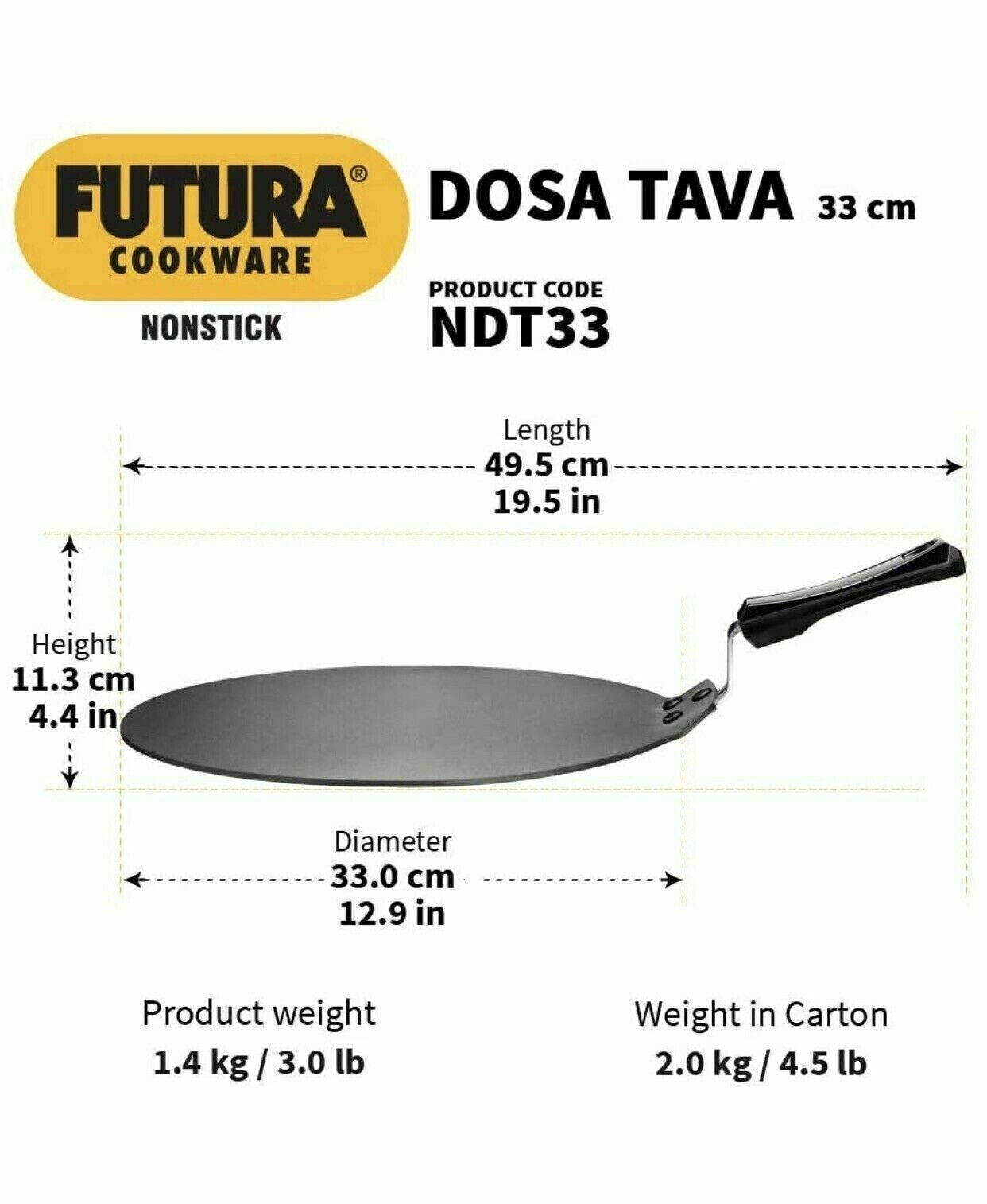 33cm XL Futura Hawkins Non Stick Dosa Tawa Griddle 33cm Diameter 4.88mm Thick